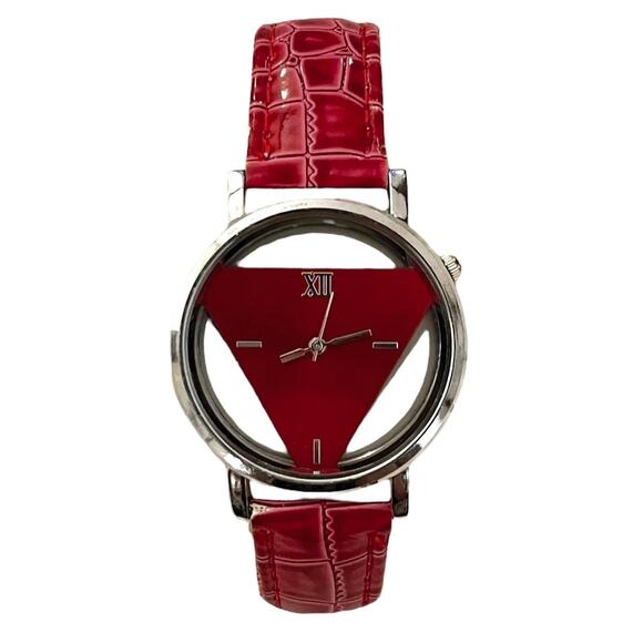 Cay Accessories - NEW CAY Women's Fashion Watch HOLLOWED FACE Triangular Dial RED FAUX LEATHER
